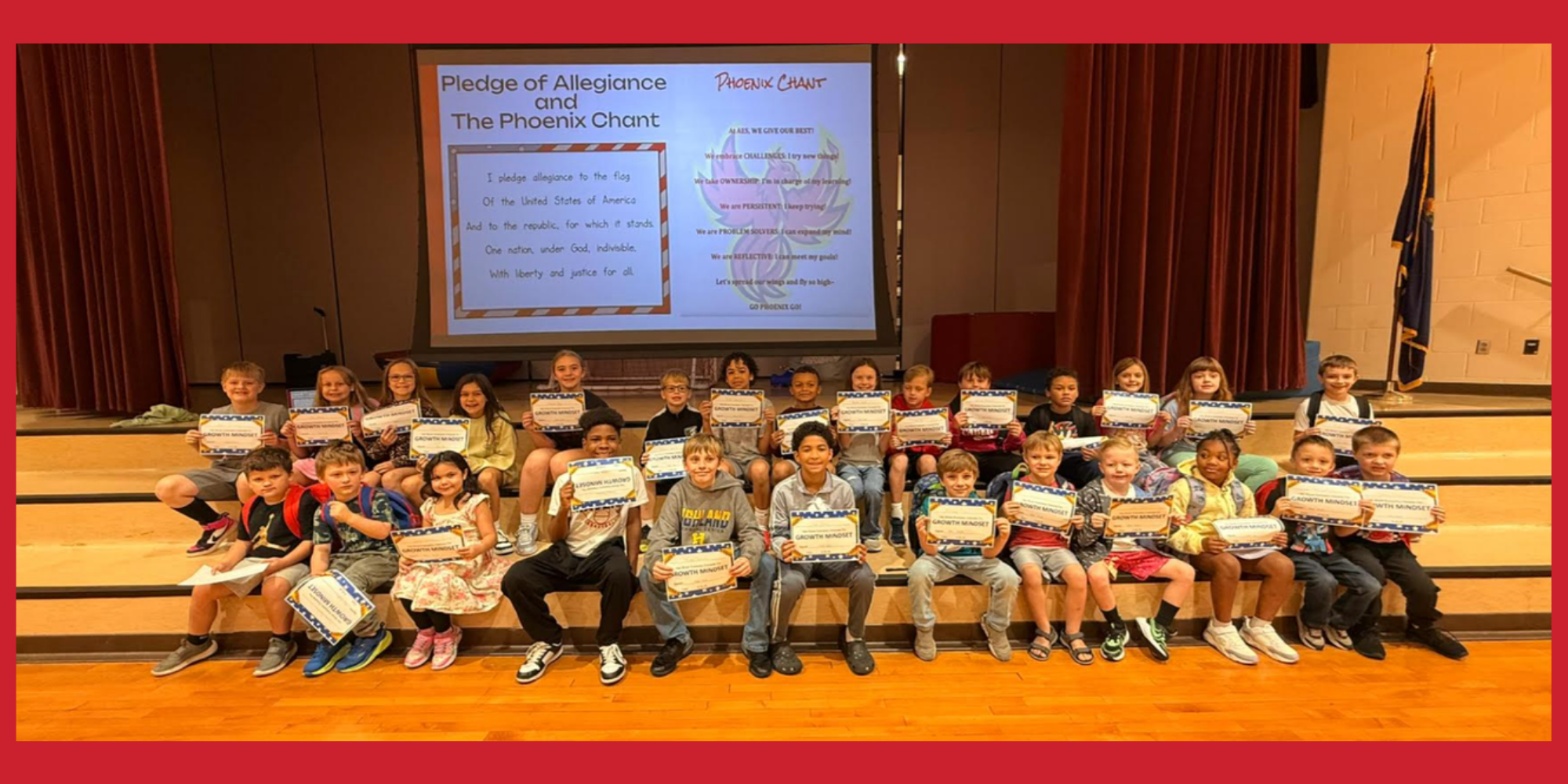 Group photo of AES students who are the Character Trait of the Month Winners. The September Character Trait was Growth Mindset. 