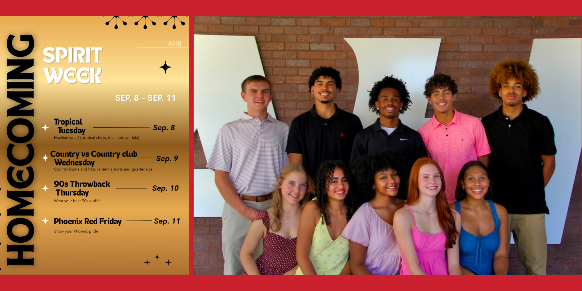 Collage with graphic containing daily themes for Homecoming Spirit Week alongside a photo of the 2026 Homecoming Court Candidates