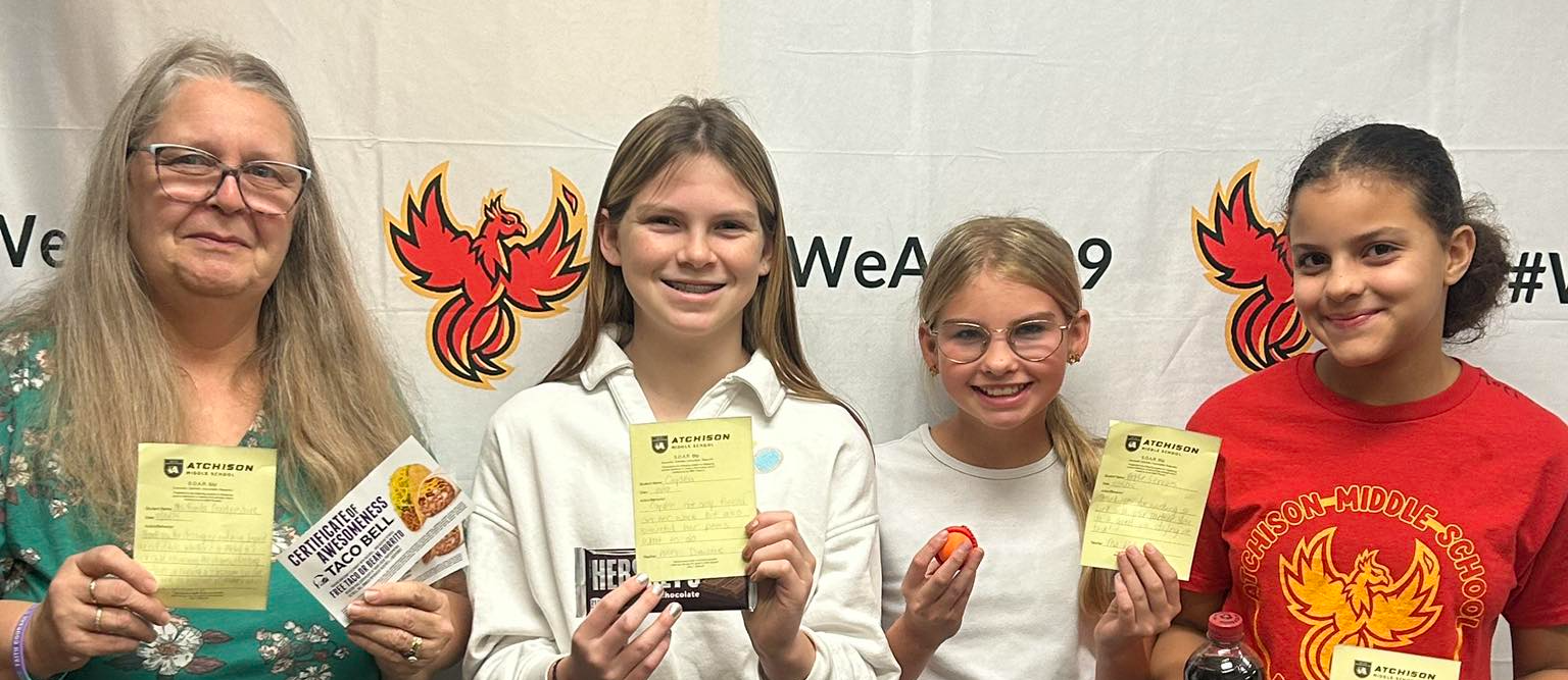 Pictured are Oct. 21 SOAR Winners: staff member Ronda Goodpasture and students Cayden Wilder, Adrianna Servaes, and Johanna Campbell