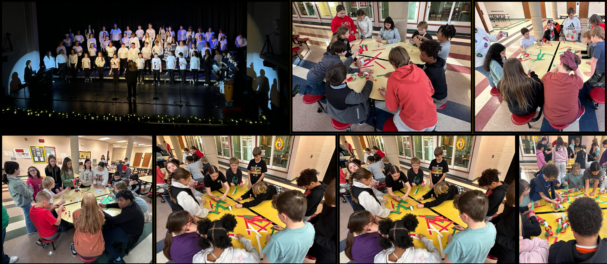 Photo collage of the winter choir concert at AMS along with photos of students engaged in cooperative, holiday themed learning activities in December. 