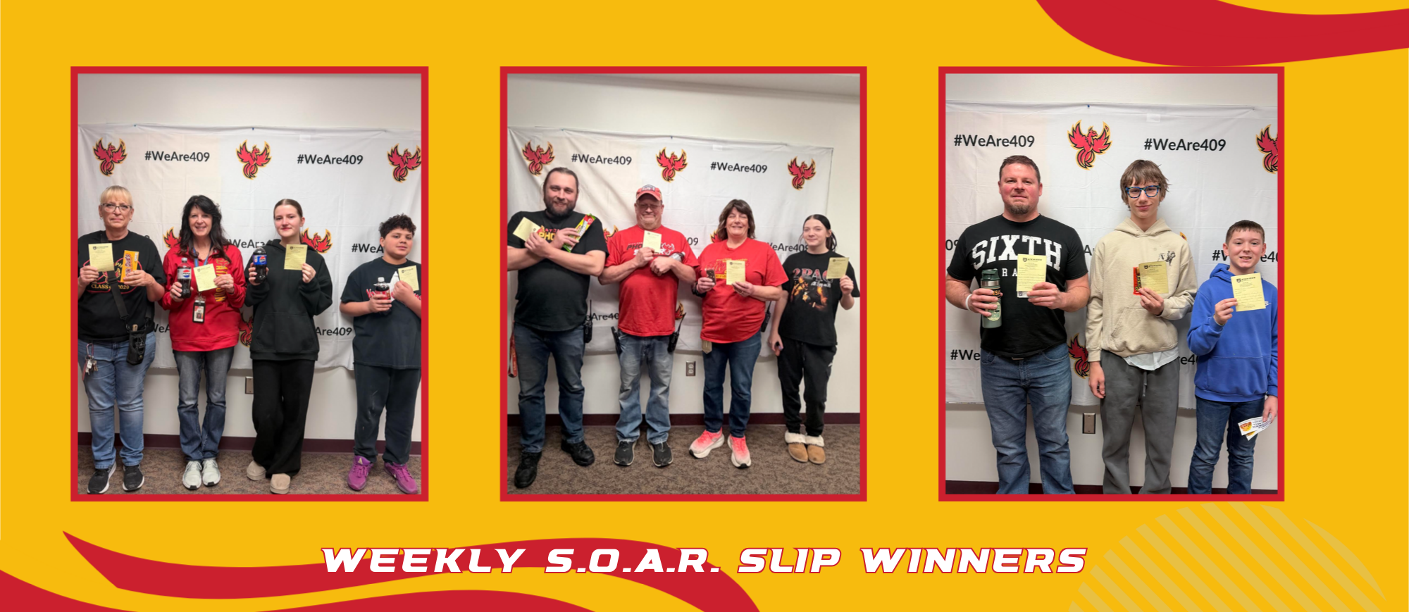 Photo collage of AMS staff and students who were recent weekly SOAR slip drawing winners. 
