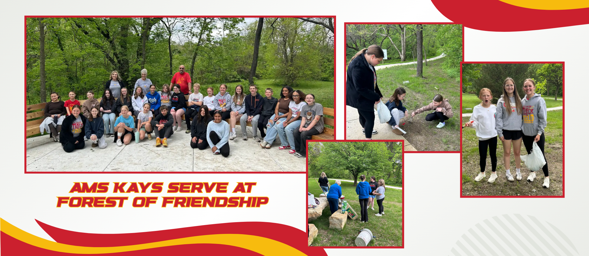 Photo collage of AMS KAYS members in service activities to clean and maintain the Forest of Friendship in Atchison.