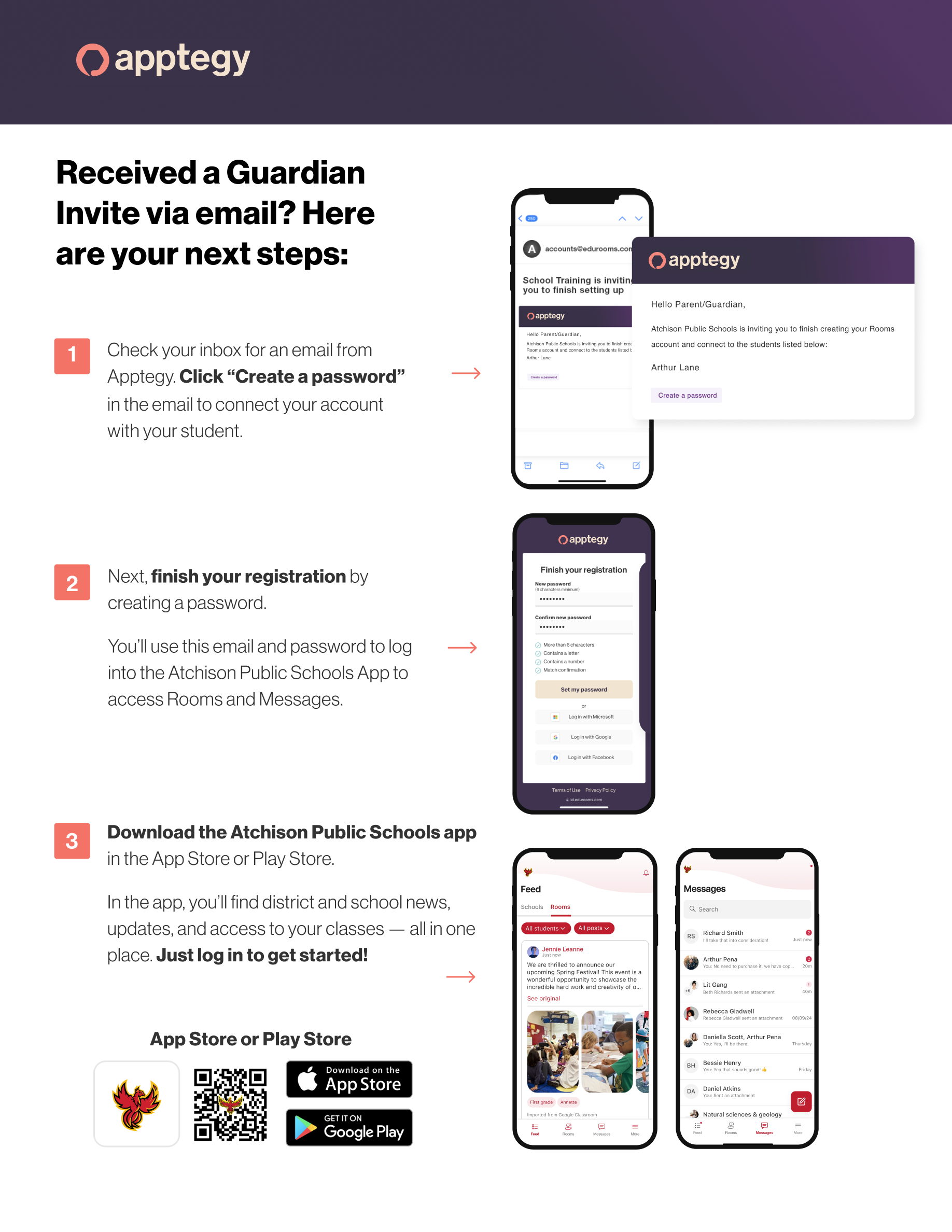 Graphic explaining what to do after receiving a Guardian Invite via email to Apptegy Rooms.