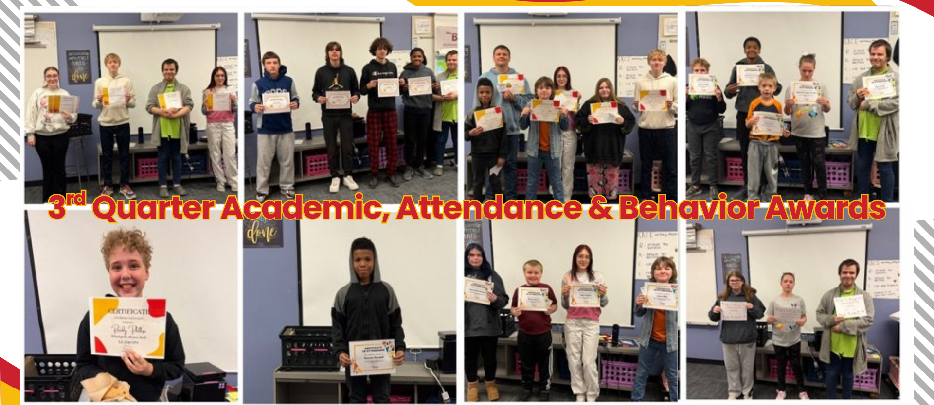 Photo collage of students posing with certificates awarded for academics, attendance and behavior for third quarter. 