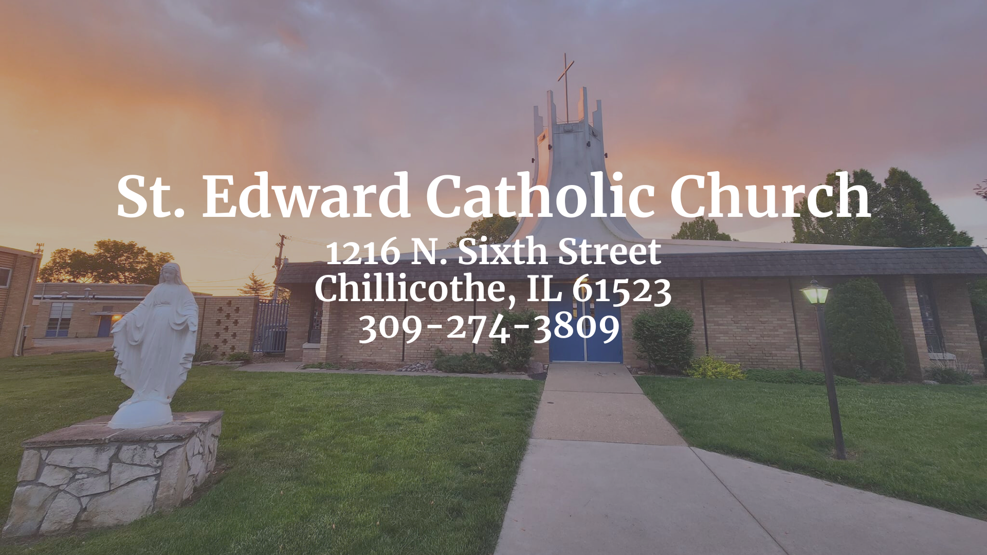 An image of St. Edward Church with the address and phone number overlaid
