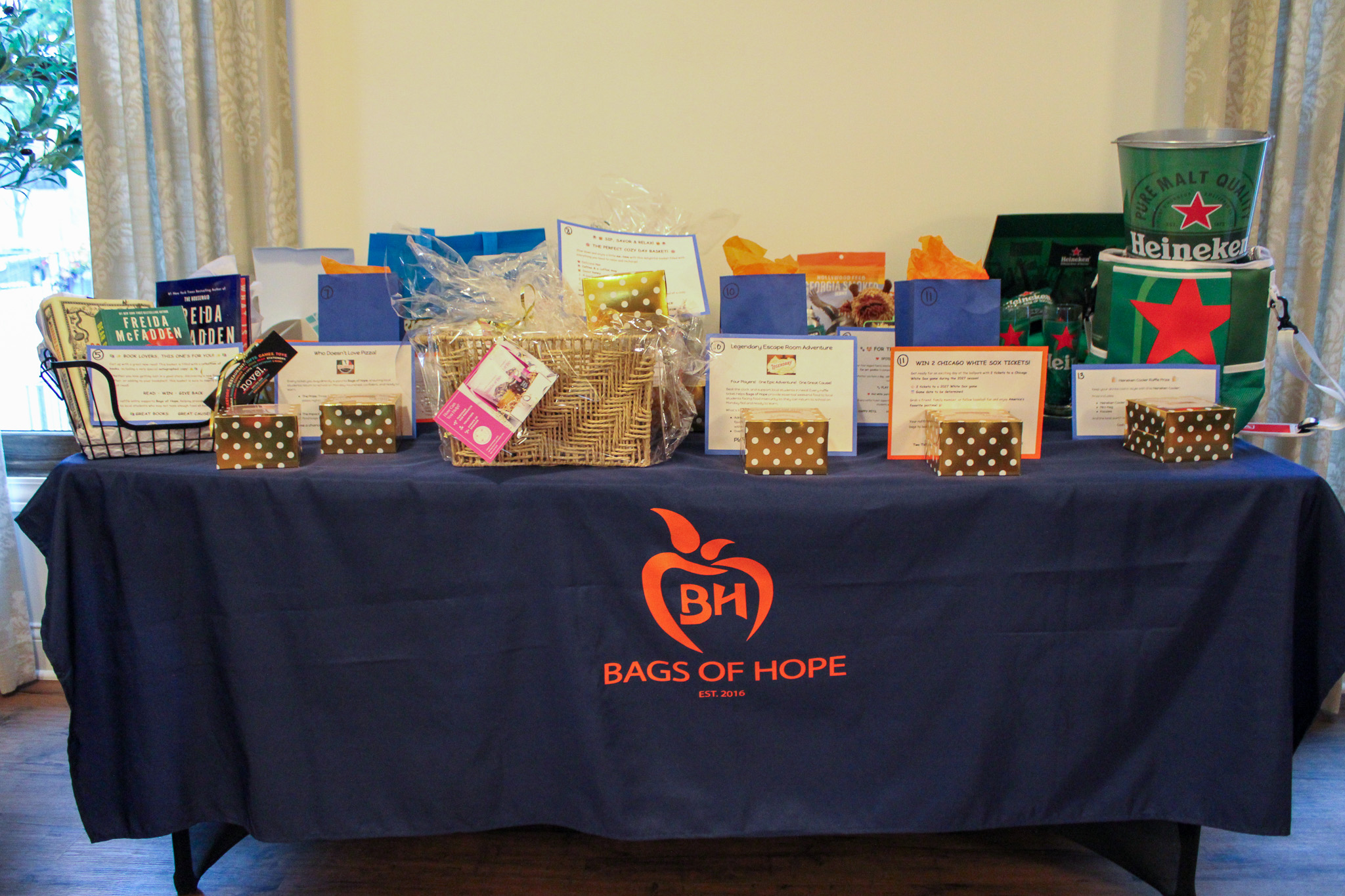 raffle baskets on table