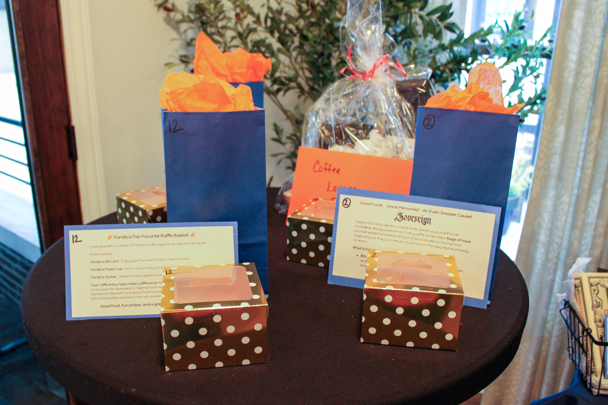 raffle baskets on table
