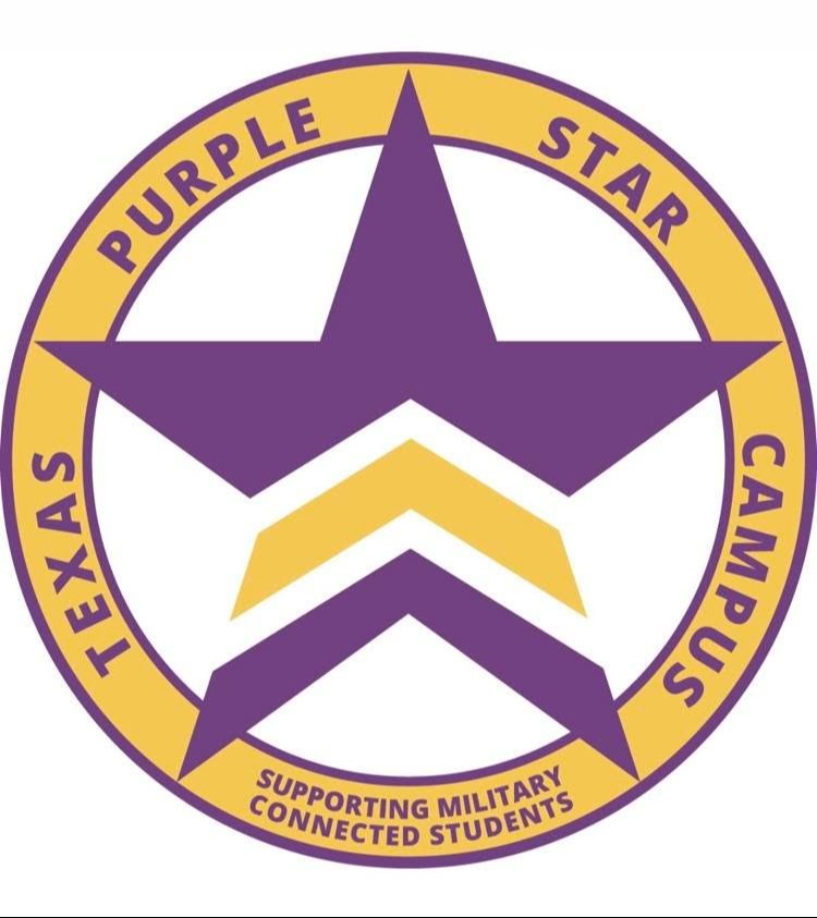A circular logo featuring a large purple star. Text reads "PURPLE STAR CAMPUS" at the top and "TEXAS" at the bottom. Below the star, "SUPPORTING MILITARY CONNECTED STUDENTS" is written.
