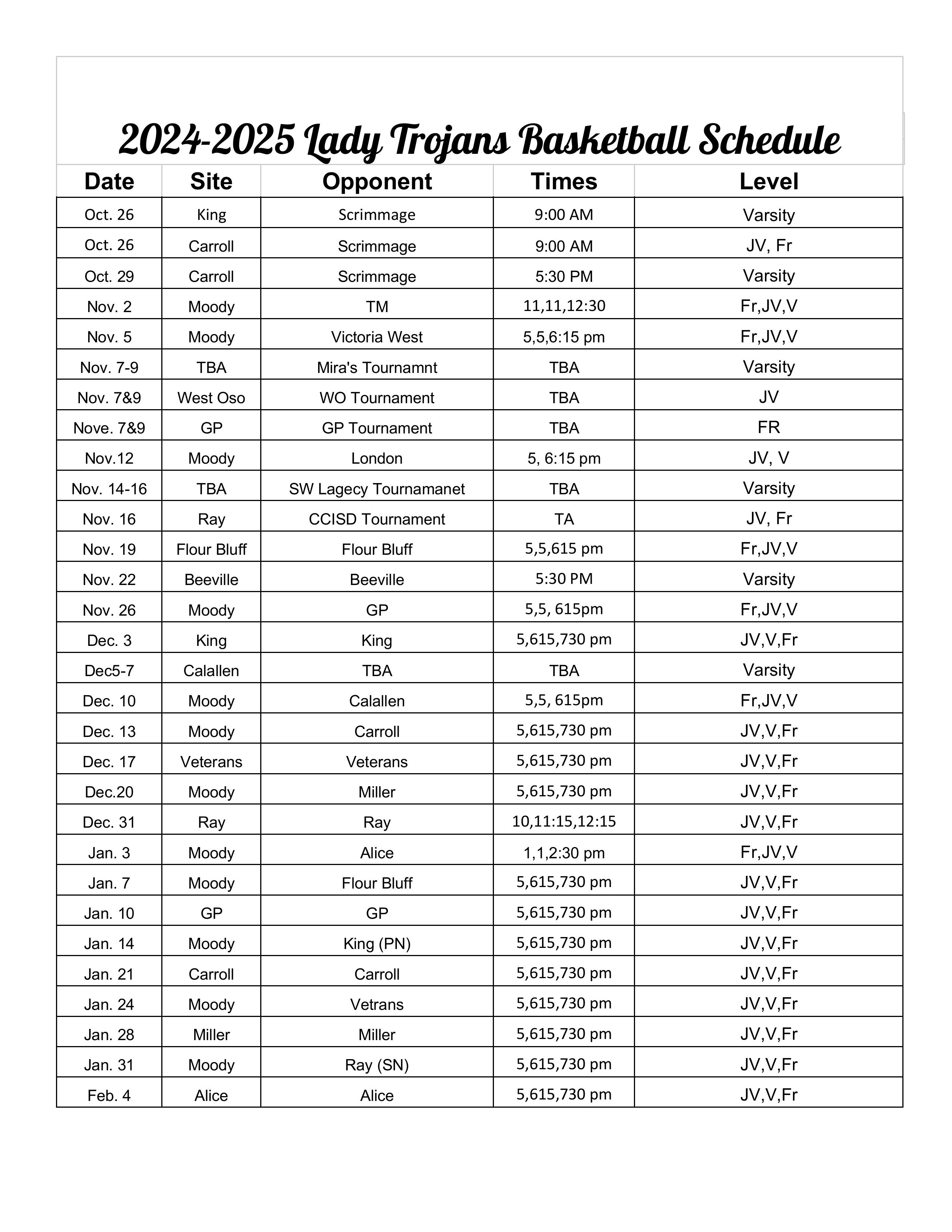 202-2024 Girls BB Schedule