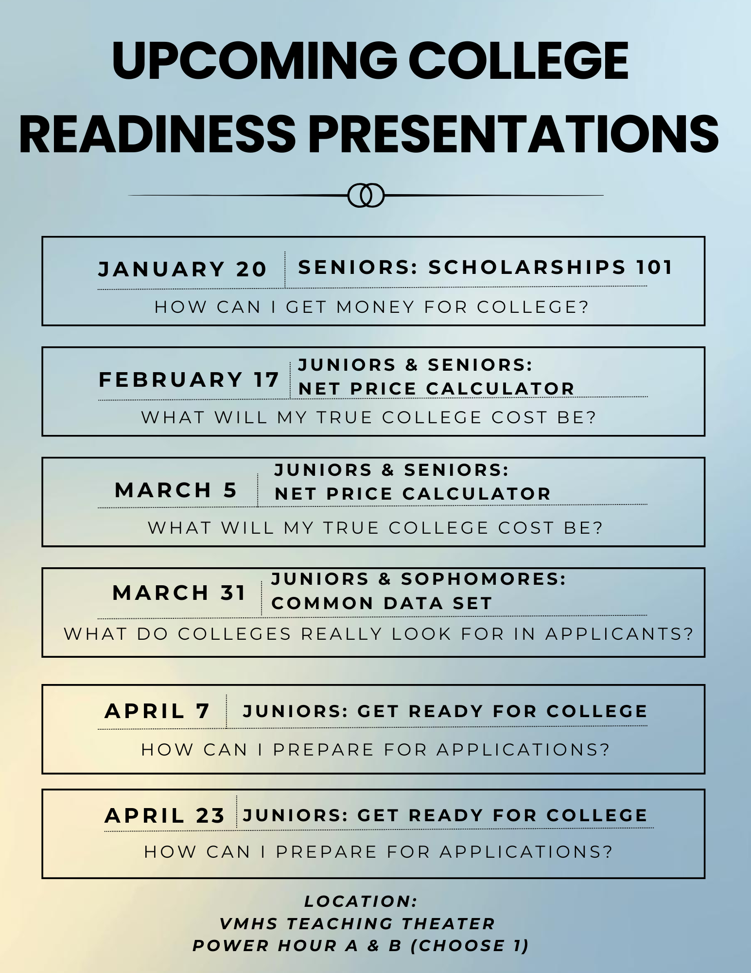 Upcoming College Readiness Presentations