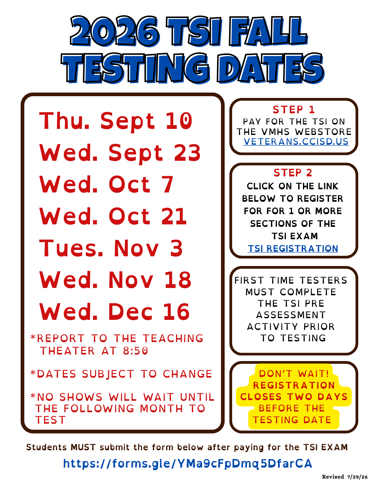 TSI Dates Fall 26