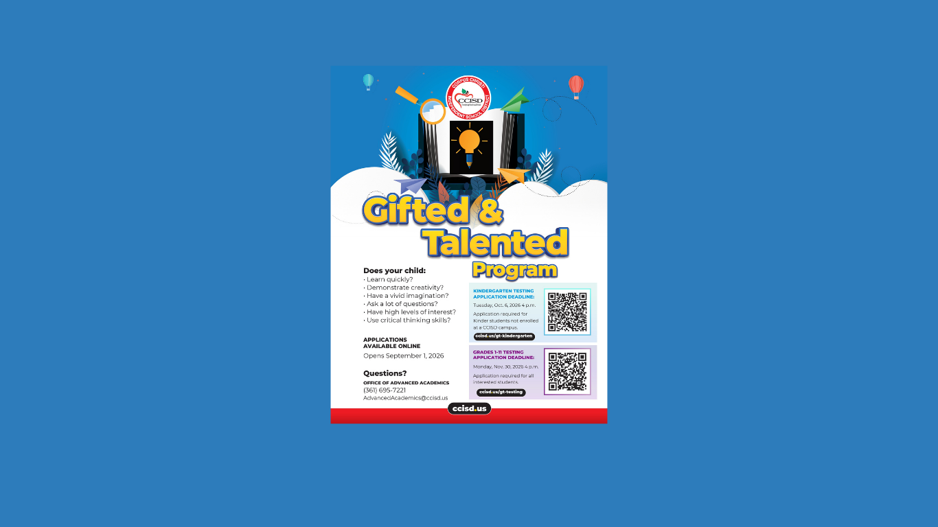 Blue background with a red and white poster advertising a "Gifted &amp; Talented Program." Contains text, images, and QR codes.