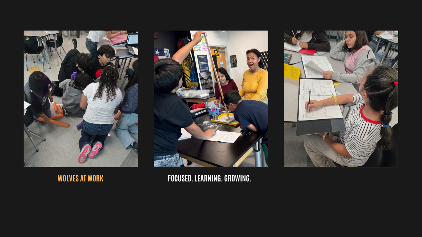Three photos show students in a classroom setting. One depicts seated students working on papers, another shows a teacher assisting, and the last shows a group discussing.