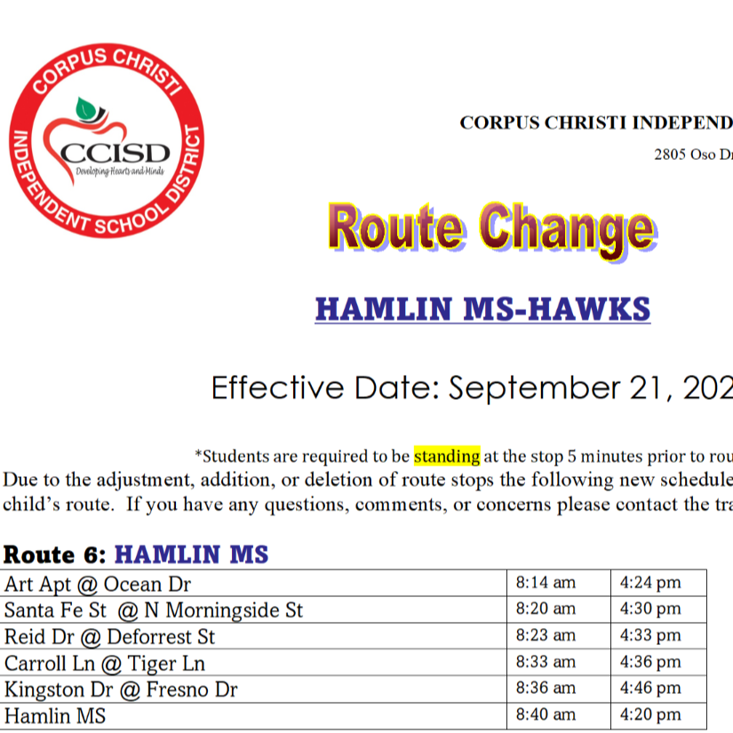 A document from Corpus Christi ISD displays a route change notice for Hamlin Middle School. It includes an effective date of September 21, 2026.