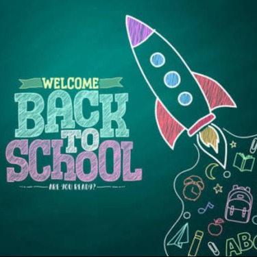 Green chalkboard with "Welcome Back to School" text and a rocket ship, with icons like books and music notes.