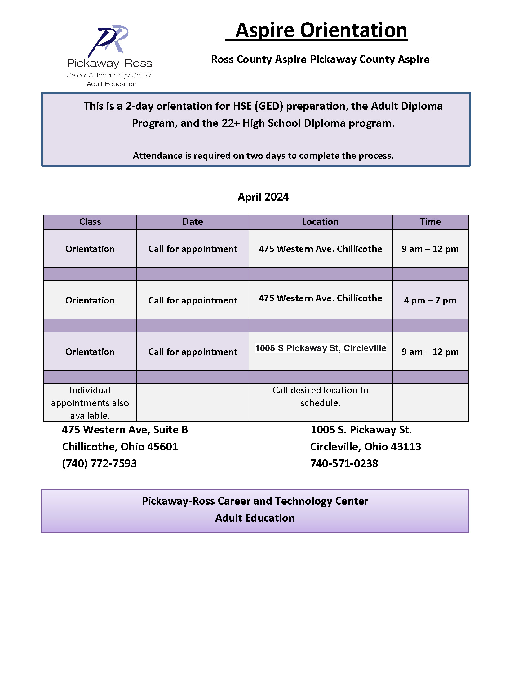 Aspire April 2024 Orientation Schedule