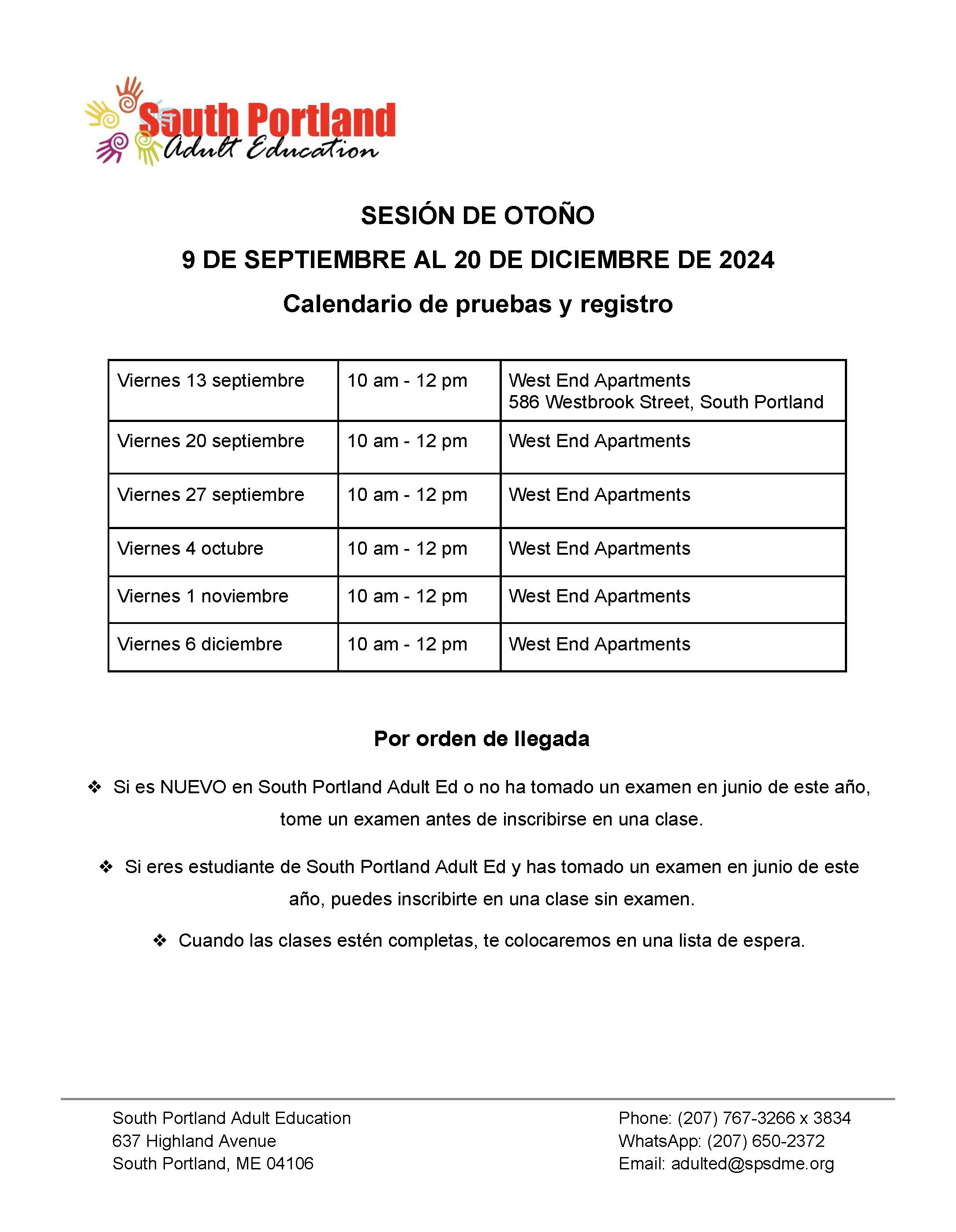 Fall 24 Testing Schedule Spanish