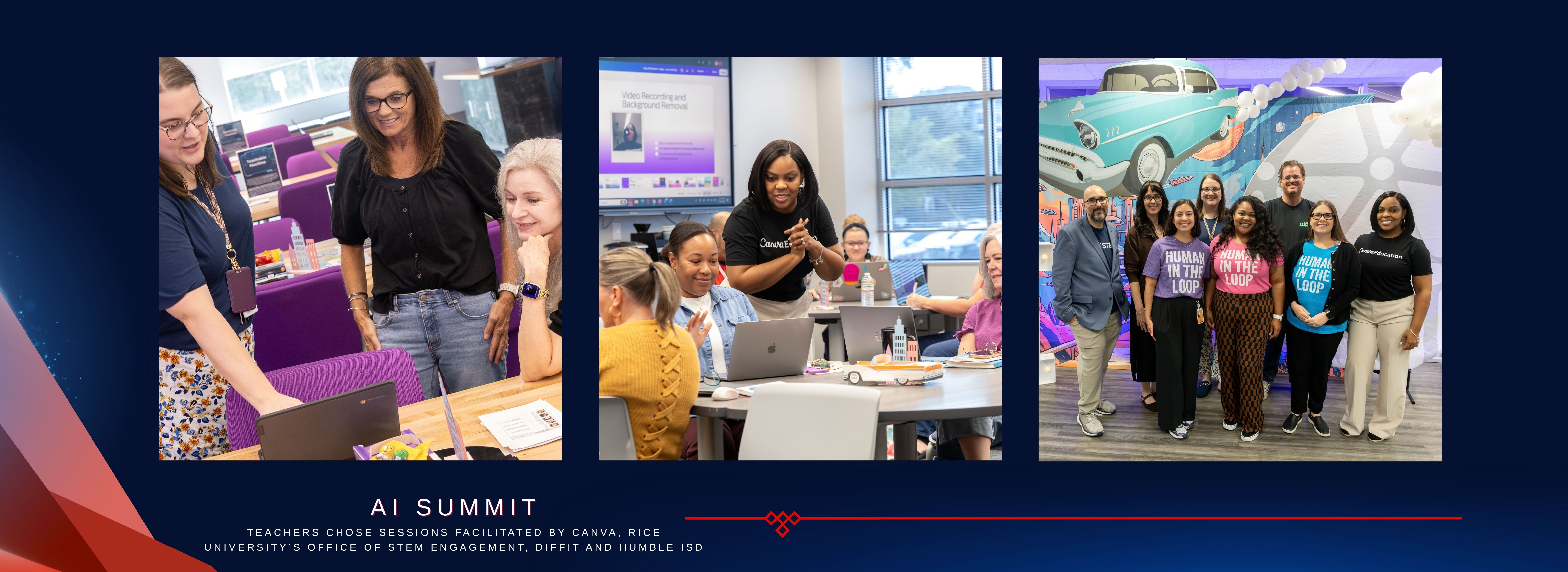 teachers learning on computers and in conference style rooms