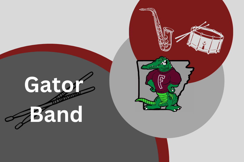 Gator Band graphic with gator logo and instruments