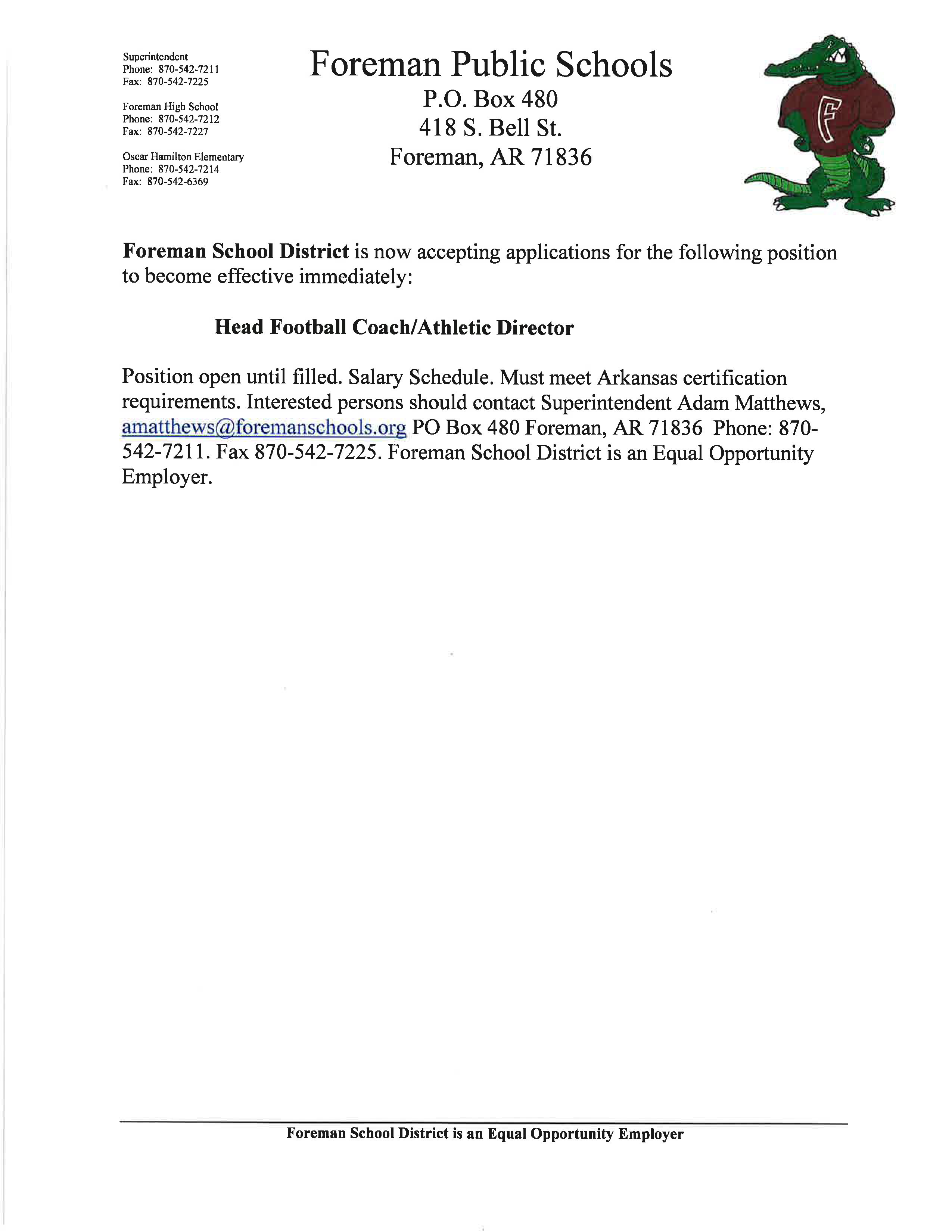 Employment Opportunities Foreman Public Schools