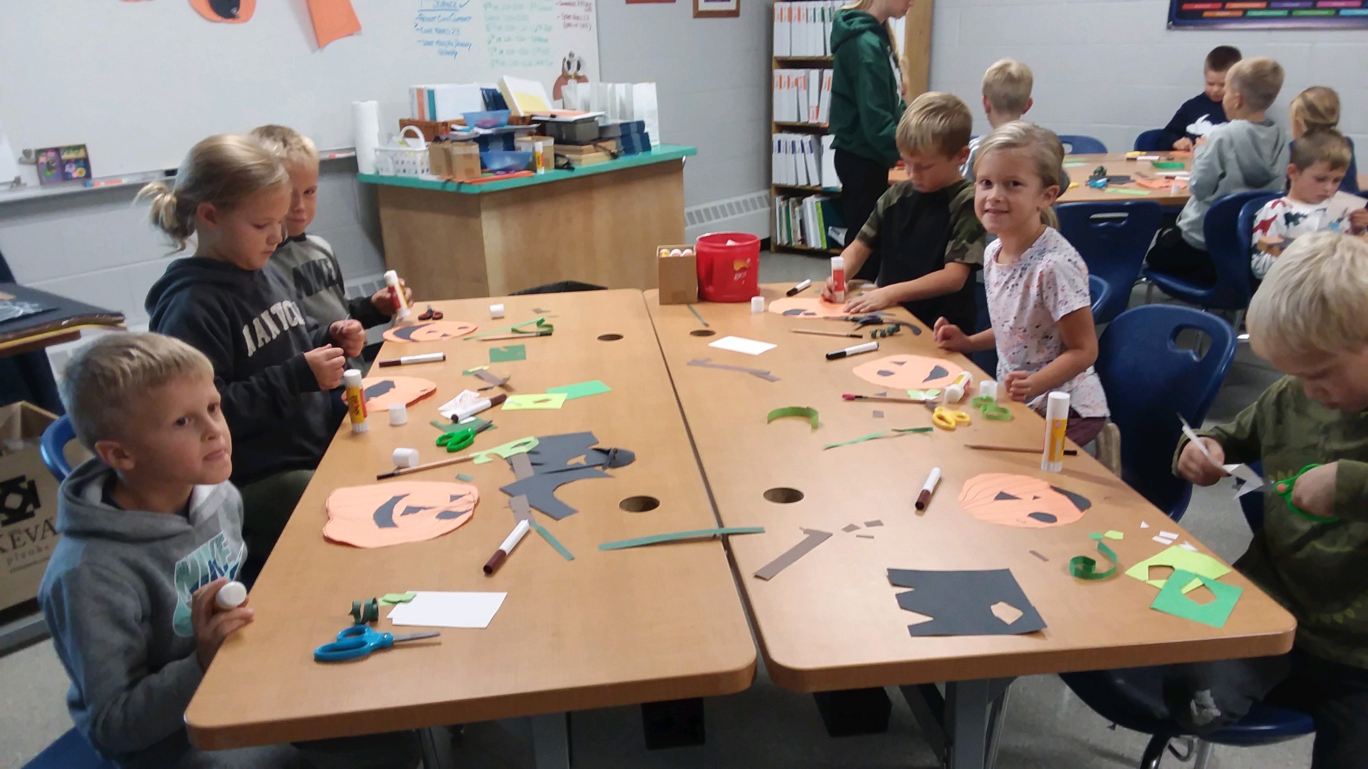 First grade students had fun making silly pumpkins.