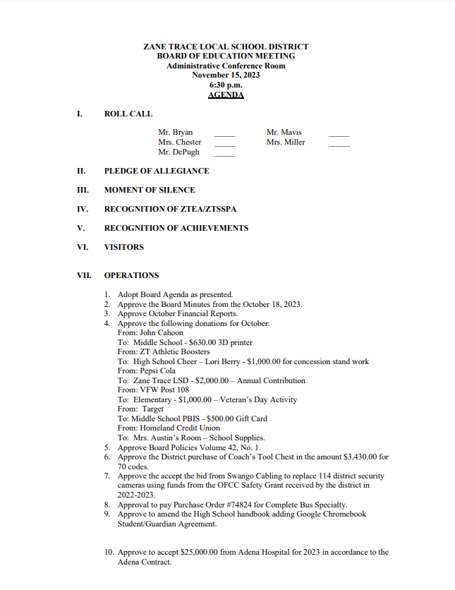 School Board News Zane Trace Local Schools