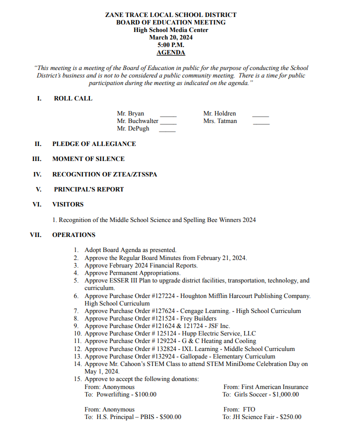 School Board News Zane Trace Local Schools