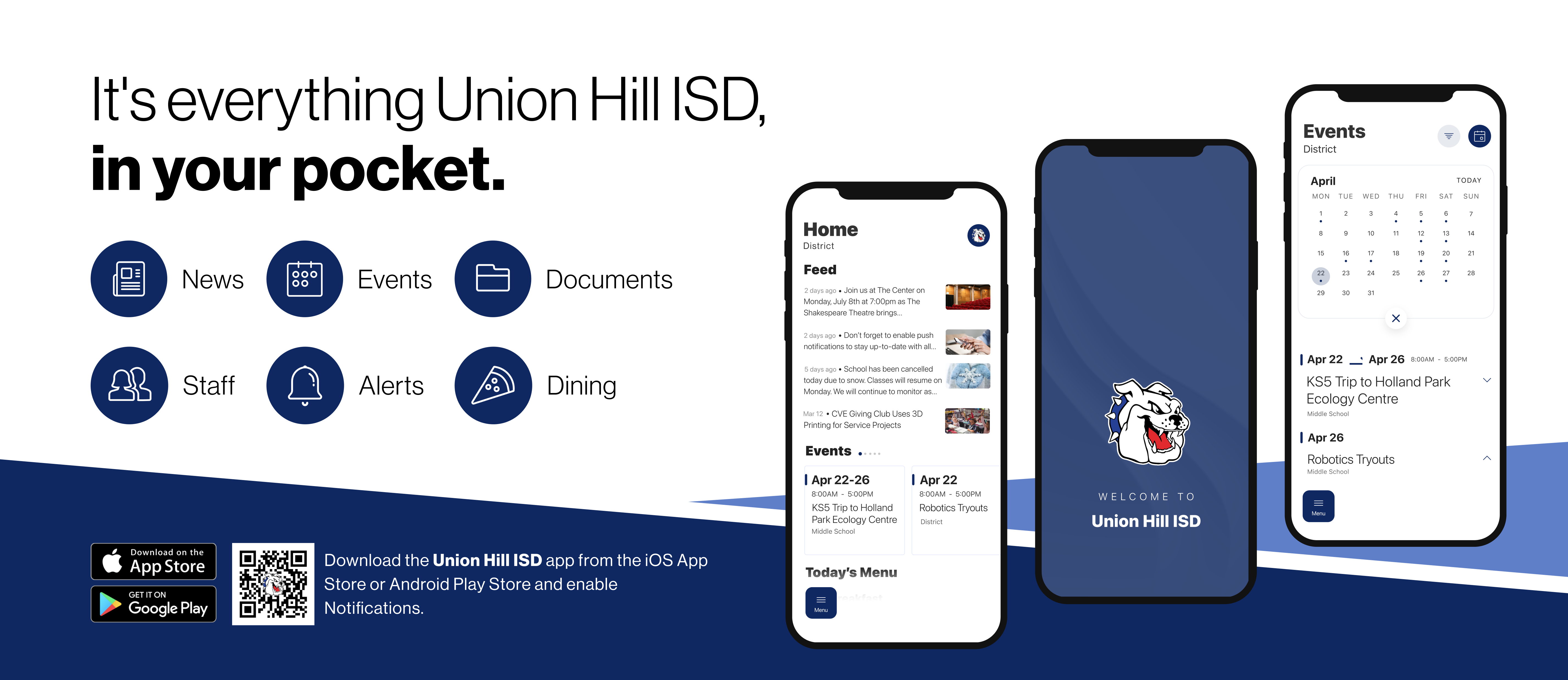 its everything union hill isd, in your pocket, news, events, documents, staff, alerts, dining, Download the Union Hill ISD app from the iOS App Store or Android Play Store