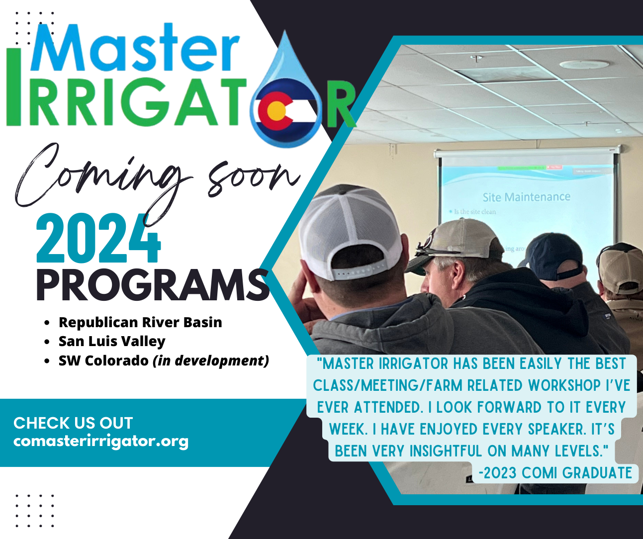 Colorado Master Irrigator flyer promoting upcoming 2024 programs in Republican River Basin and San Luis Valley