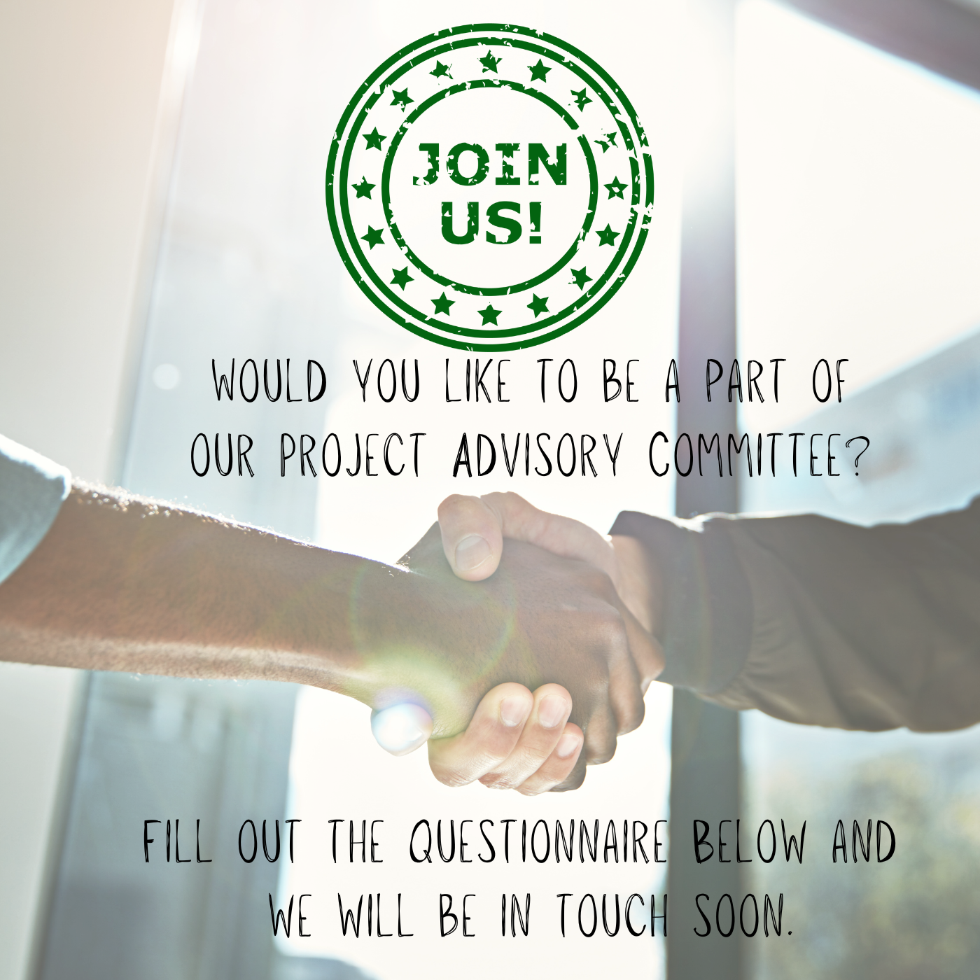 Handshake with text inviting you to join the project advisory committee