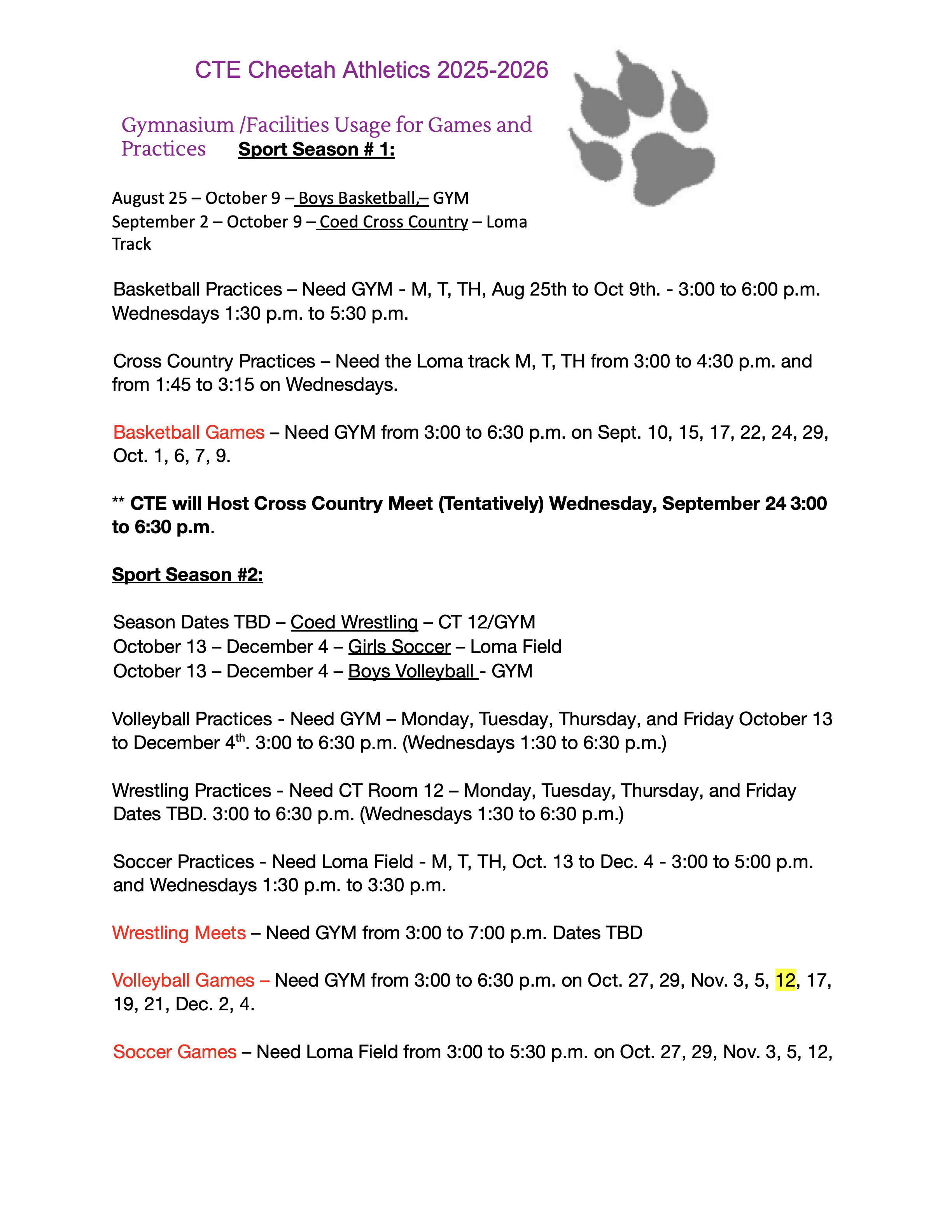 Athletic Schedule '25-'26 Pt.1