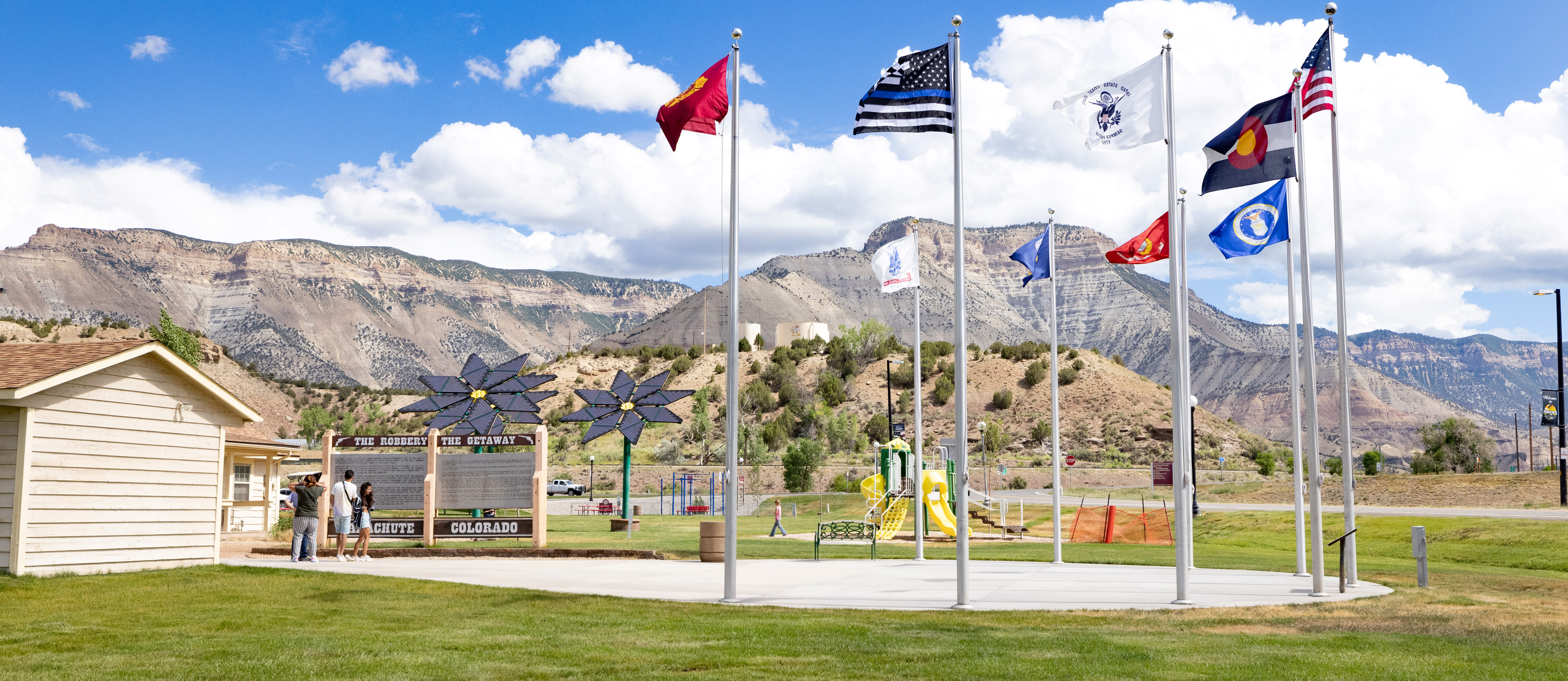 outdoor restarea pavilion with flags