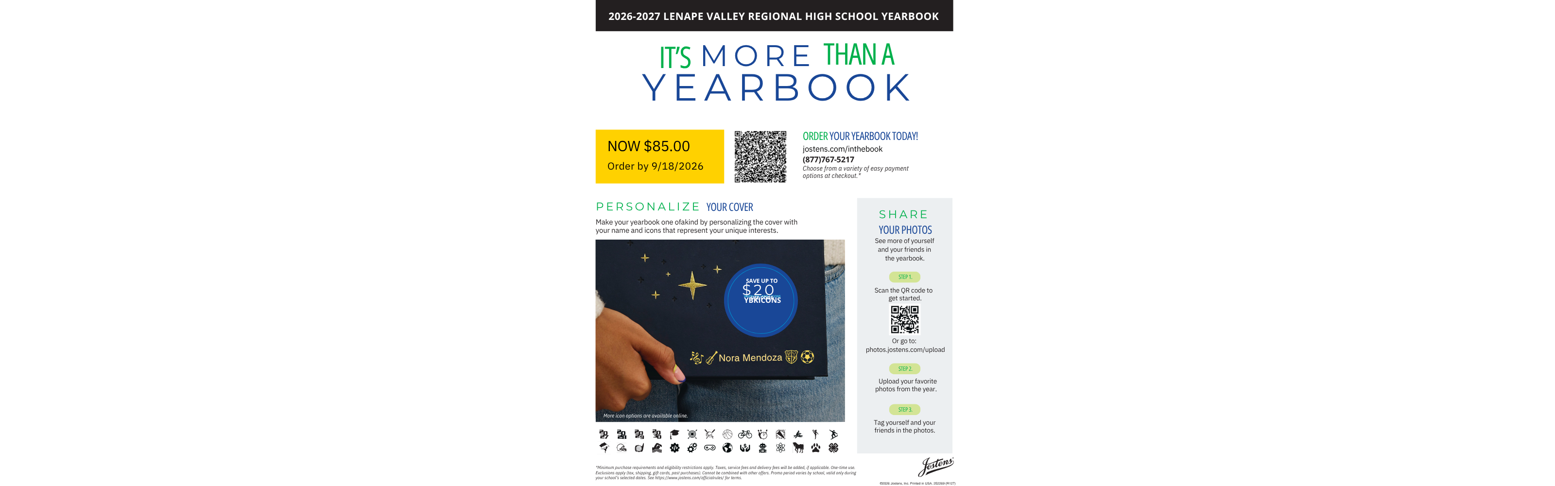 2026-27 Yearbook Back to School Sale Flyer. Contains Barcode to link to Jostens and Order by 9/18/2026 for the sale price of $85.00
