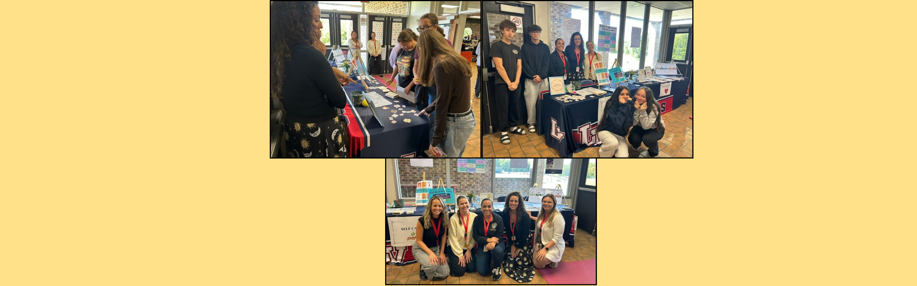 Students and members of Lenape Valley’s school clinical team participate in a lunchtime mental health and self-care outreach event. Students explore wellness resources and activities, while clinicians pose together and with students at a resource table promoting mental health, self-care, and student support.