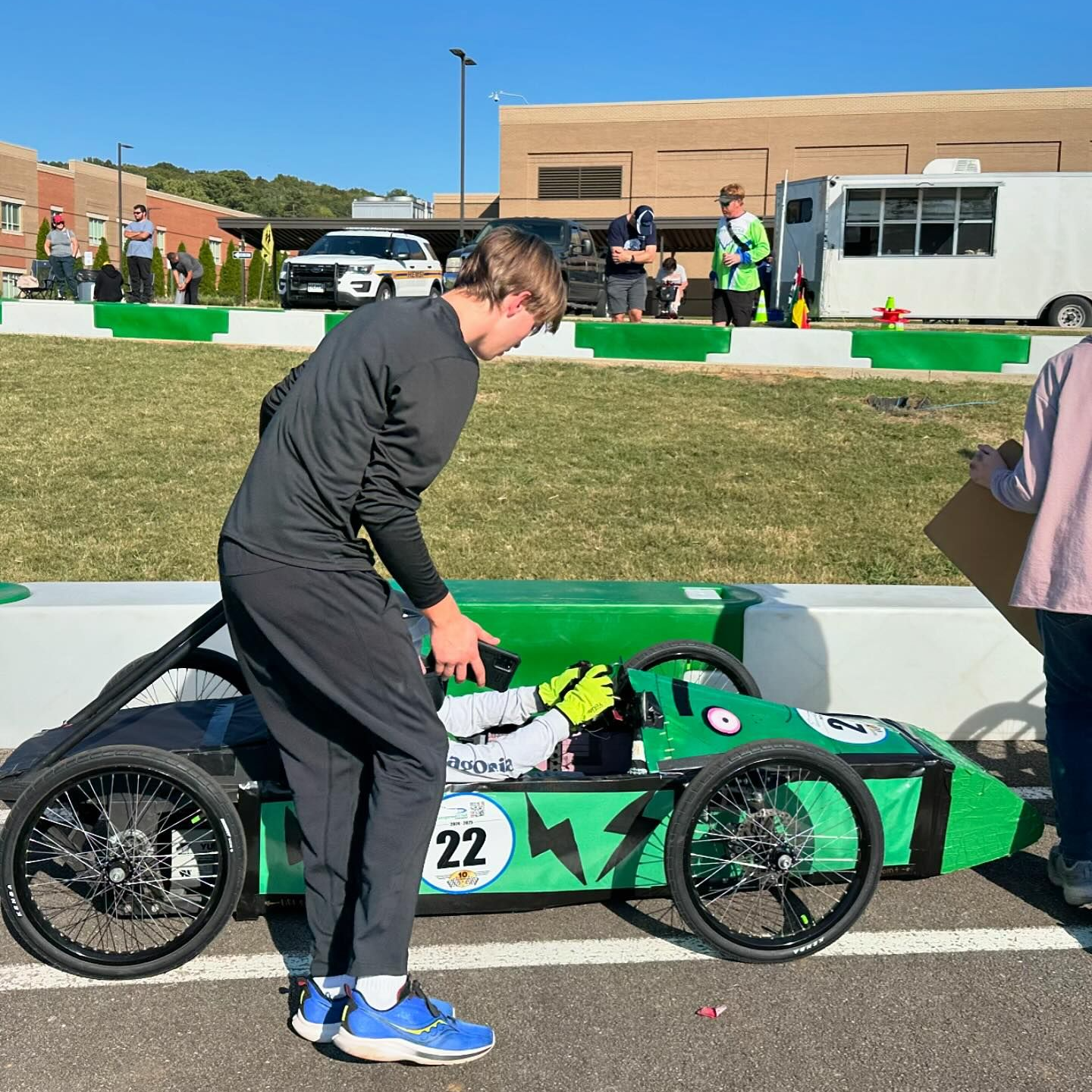 greenpower race with car and boy