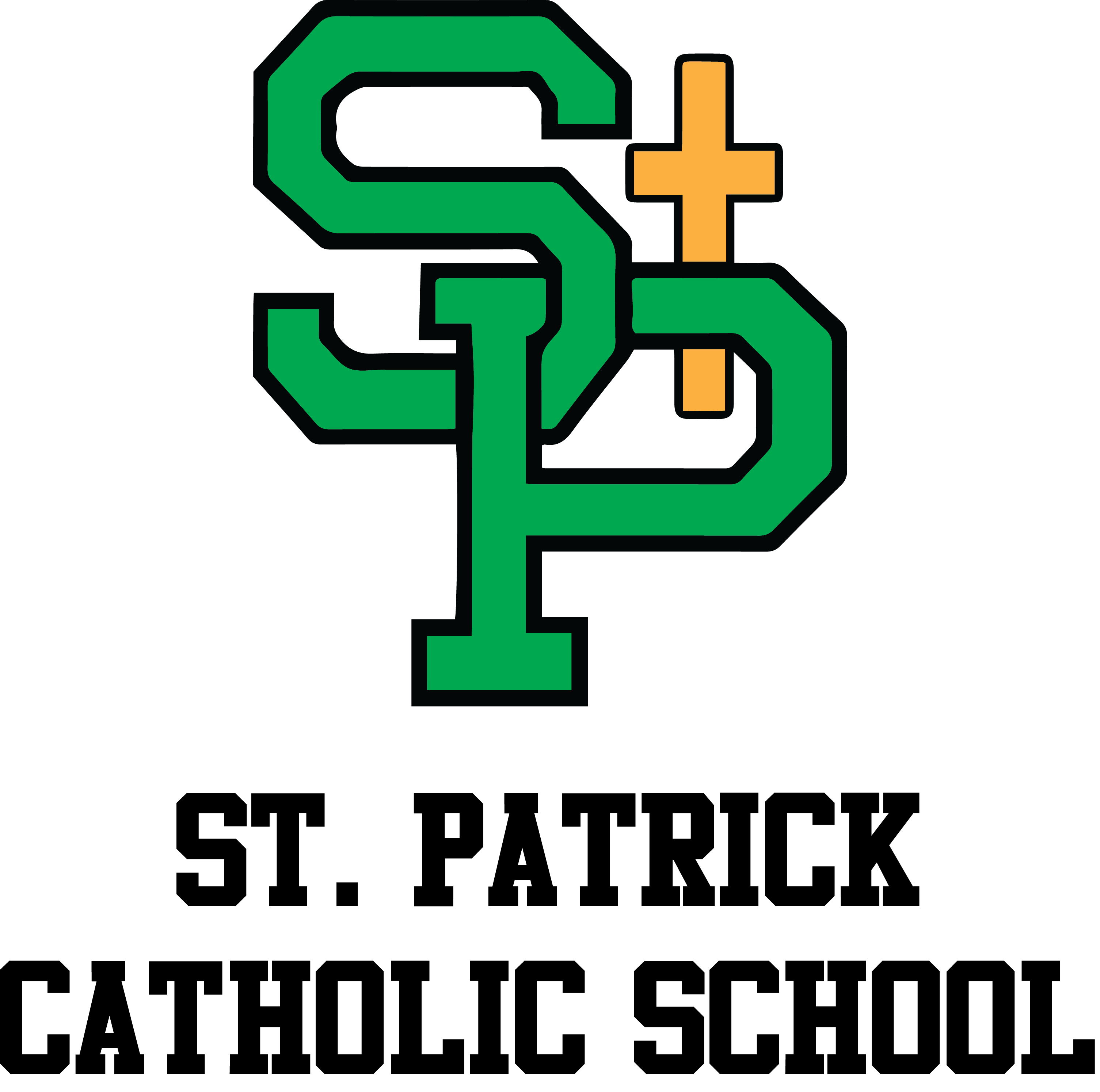Green S P logo with cross for St. Patrick School