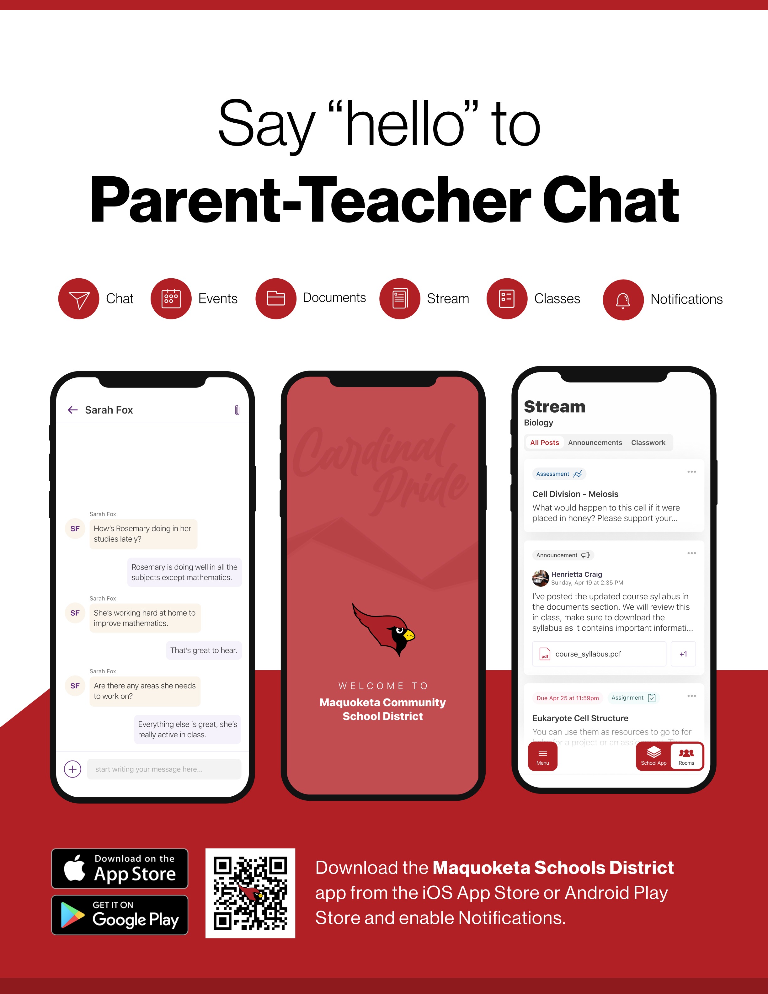 Say hello to Parent-Teacher chat in the new Rooms app. Download the Maquoketa Community School District, IA app in the Google Play or Apple App store.