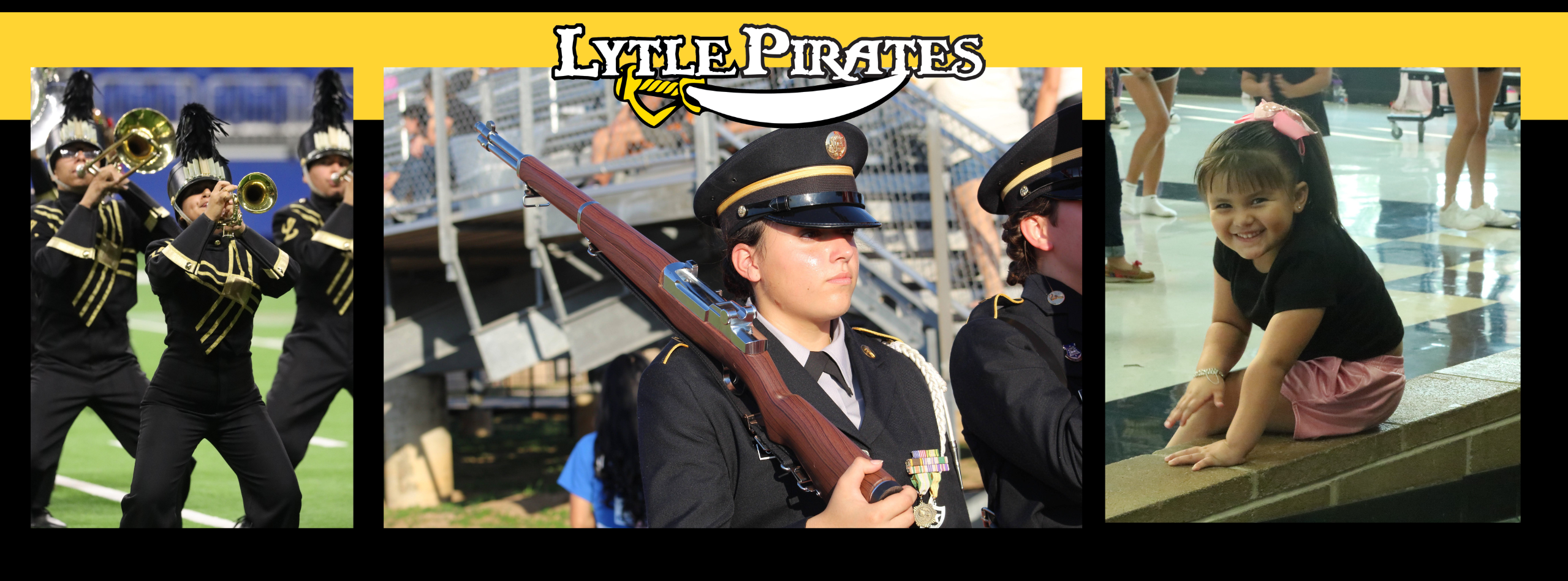 Three images of Lytle ISD students including band students performing, an JROTC student marching, and a young student sitting on a wall