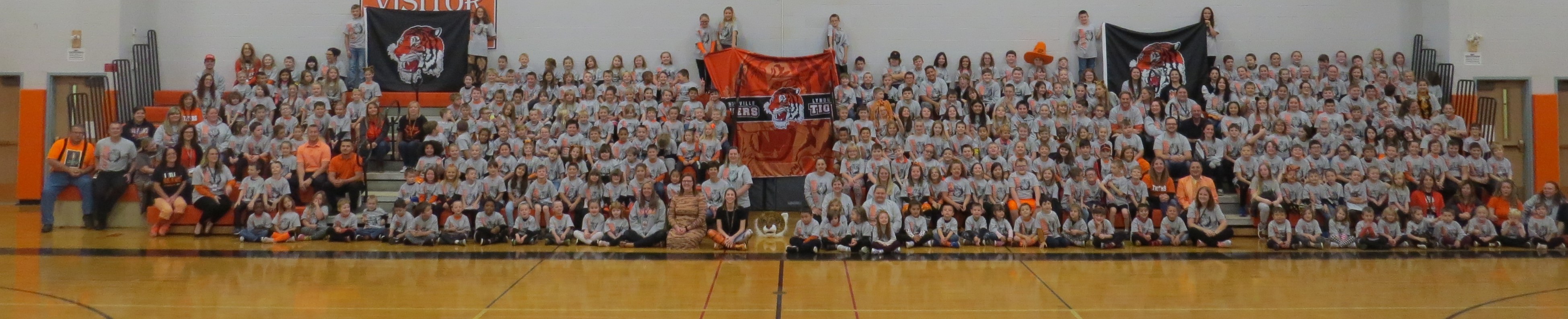 A photo of all the students and teachers of Lyndonville Elementary School with a gray shirt and holding up a big orange mantle, like their school's colors.