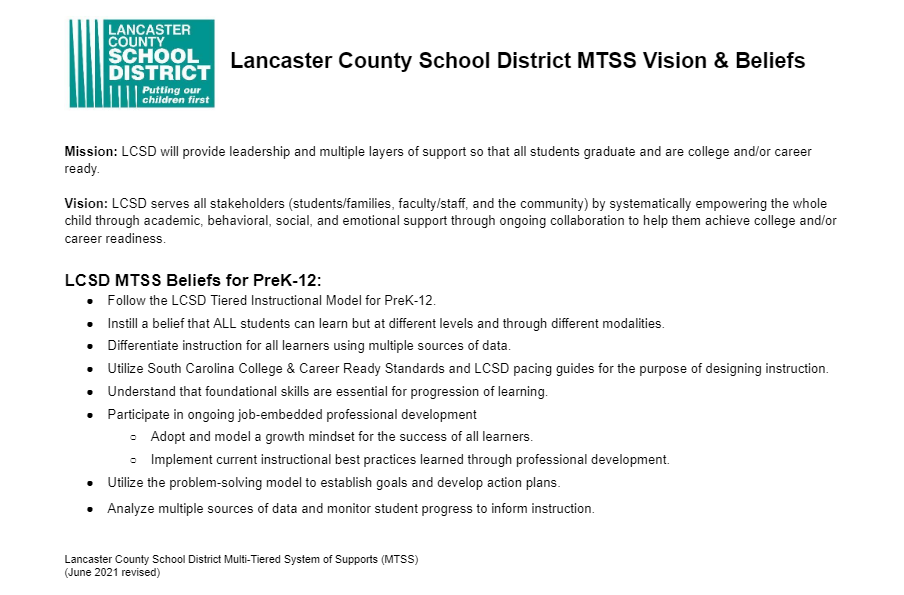 LCSD MTSS Vision & Beliefs