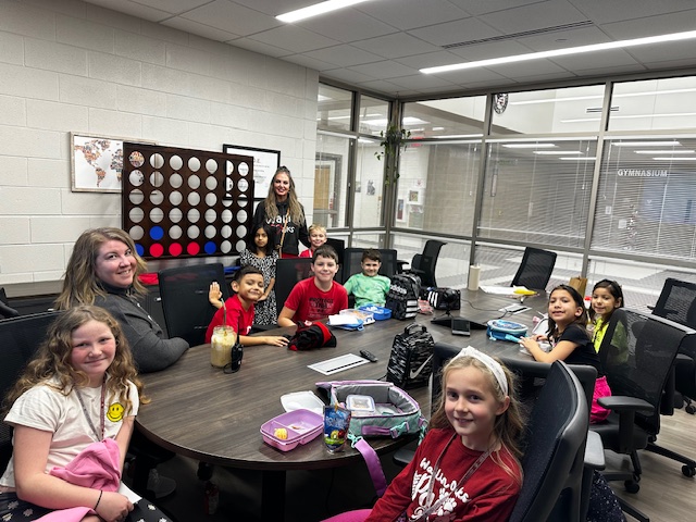 Students celebrate Principal Lunch for the month of December.  Student names are randomly drawn from the list of Principal Award winners monthly.  This month students competed against Dr. DiBitetto and Mrs. Lewis in our giant Connect 4 game.  