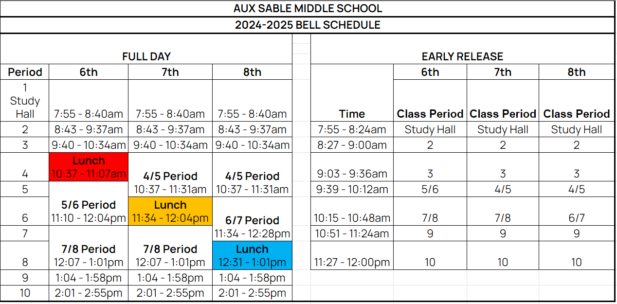 Daily bell schedule broken down by grade level.