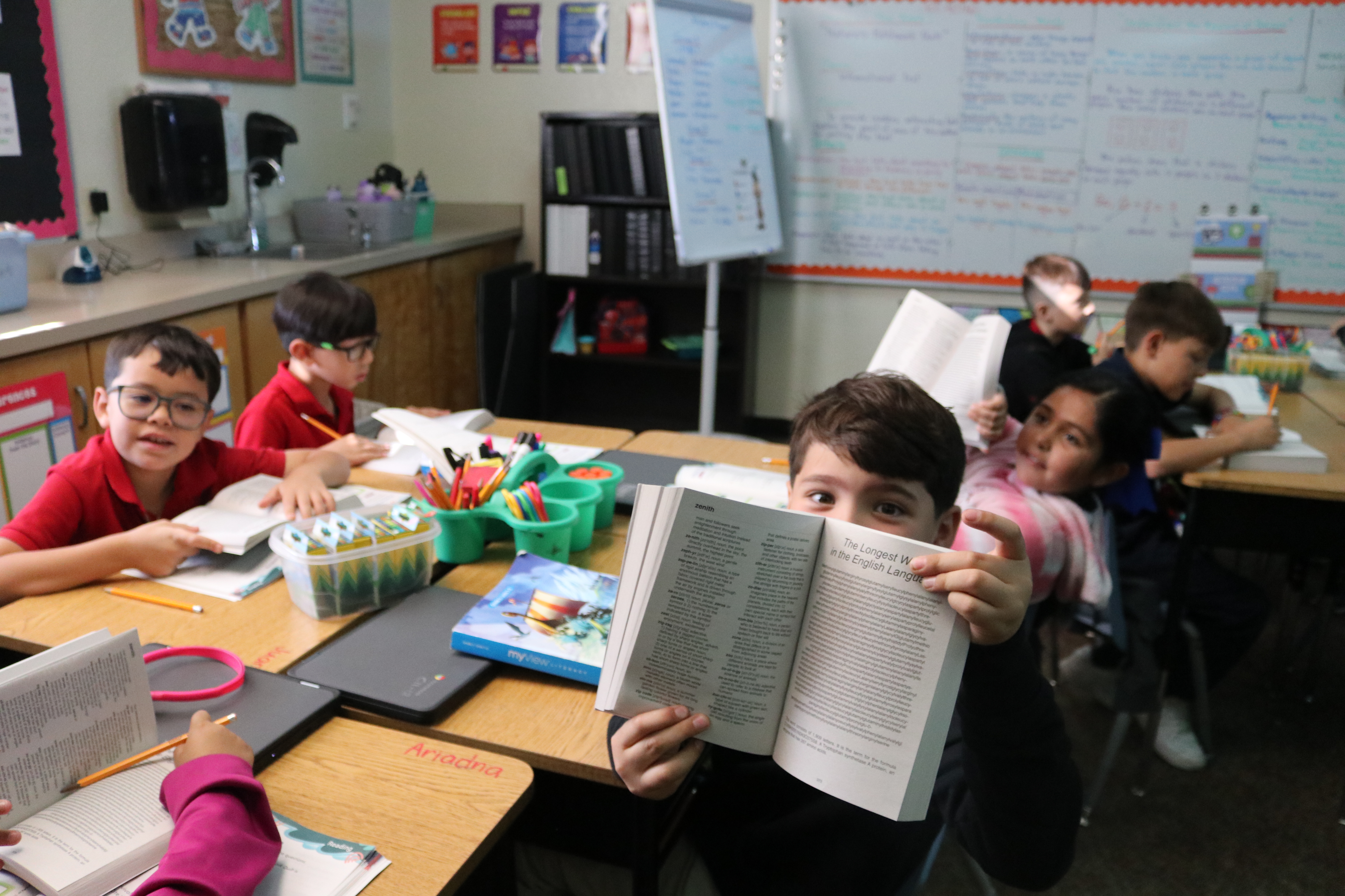 Student holding dictionary