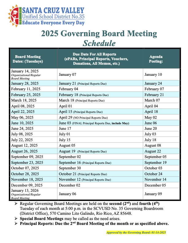 SCV35 Governing Board Meeting Schedule 2025