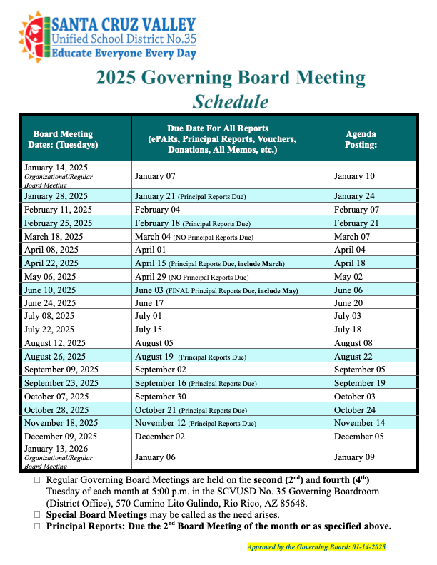 SCV35 Governing Board Meeting Schedule 2025