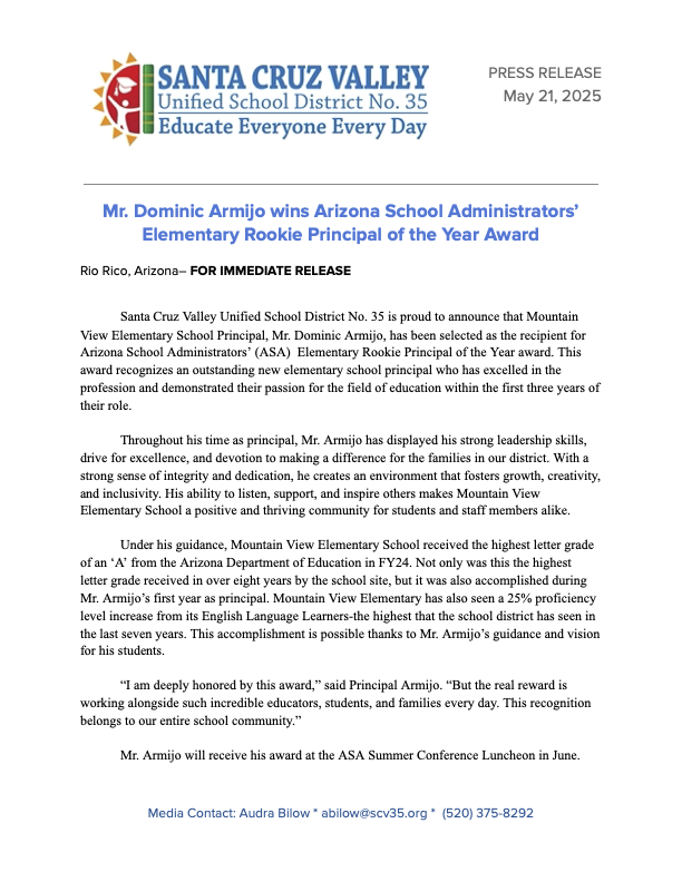 Press Release - MVE Mr. Armijo wins ASA Award