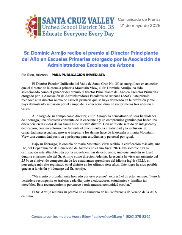 Press Release - MVE Mr. Armijo wins ASA Award Spanish Version 