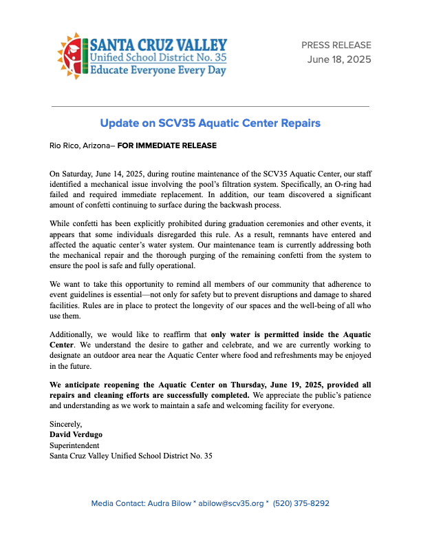 SCV35 Press Release on Aquatic Center