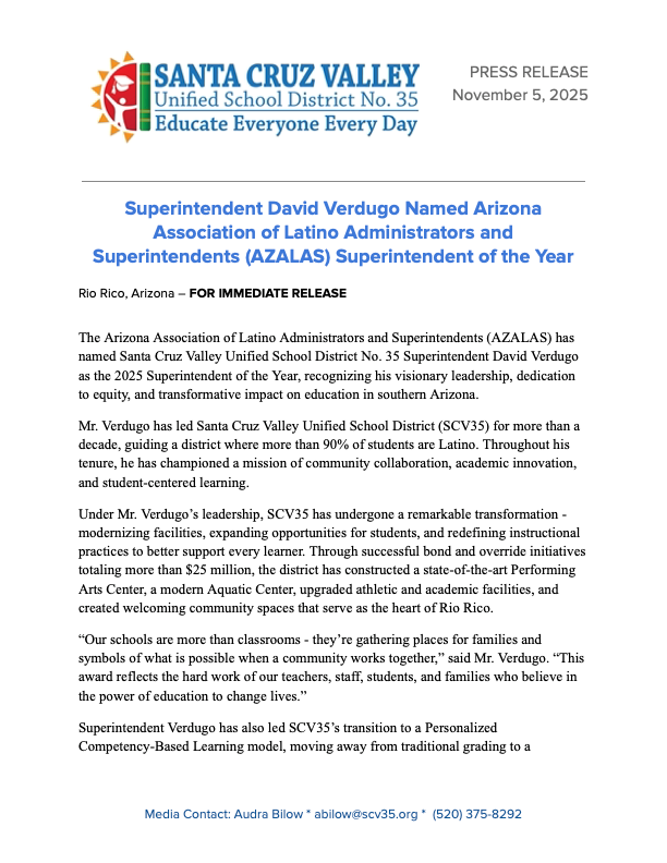 SCV35 Press Release - Superintendent Verdugo Named Superintendente of the Year by AZALAS