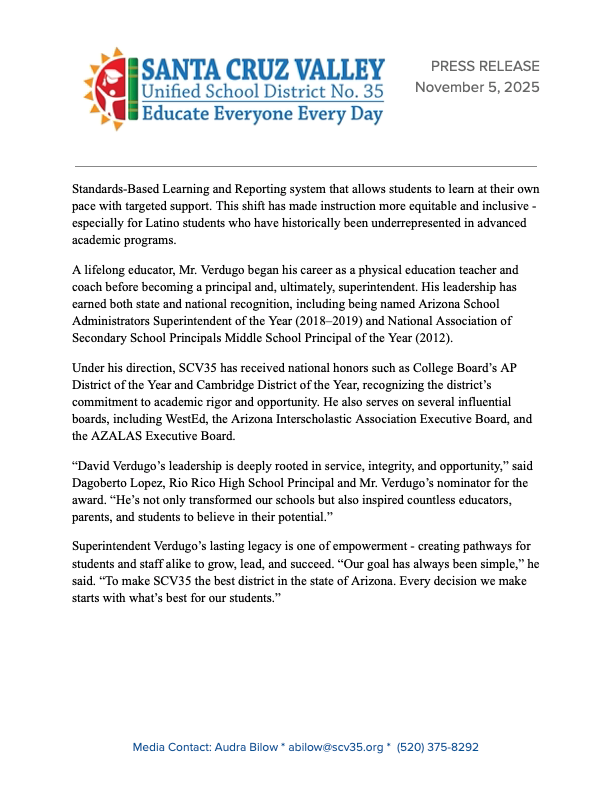 SCV35 Press Release - Superintendent Verdugo Named Superintendente of the Year by AZALAS